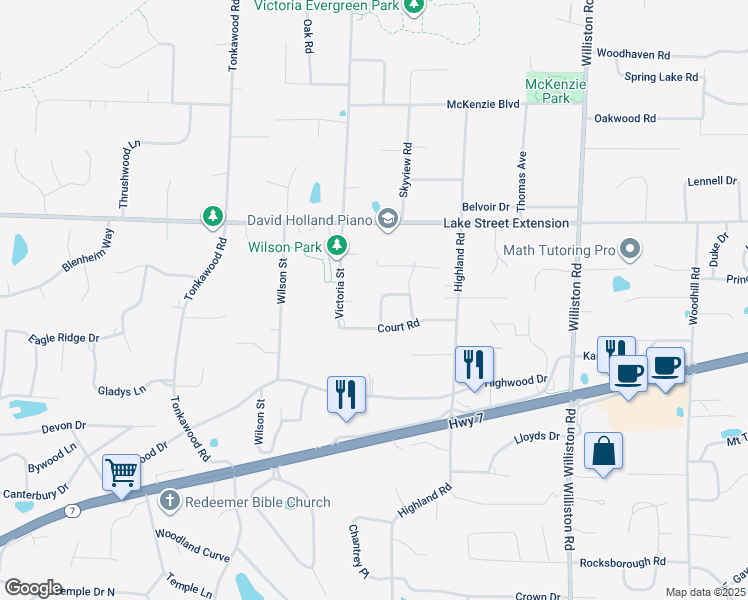 map of restaurants, bars, coffee shops, grocery stores, and more near 4301 Victoria Street in Minnetonka