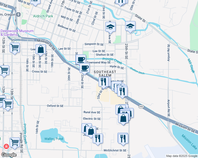 map of restaurants, bars, coffee shops, grocery stores, and more near 2255 Mission Street Southeast in Salem