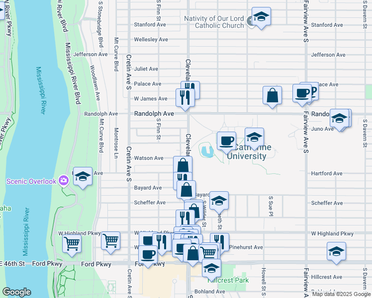 map of restaurants, bars, coffee shops, grocery stores, and more near 555 Cleveland Avenue South in Saint Paul