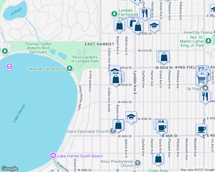 map of restaurants, bars, coffee shops, grocery stores, and more near 4252 Colfax Avenue South in Minneapolis