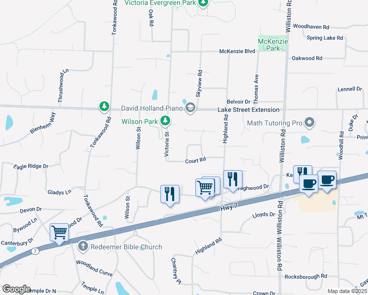 map of restaurants, bars, coffee shops, grocery stores, and more near 4301 Victoria Street in Minnetonka