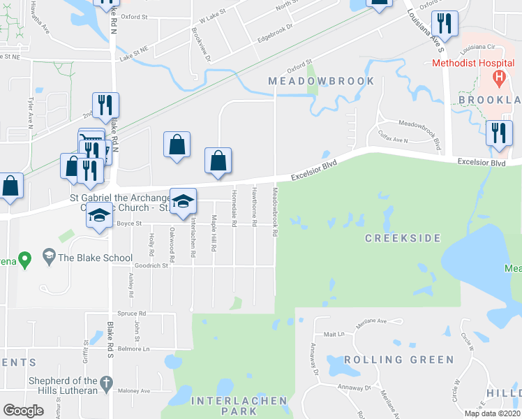 map of restaurants, bars, coffee shops, grocery stores, and more near 19 Hawthorne Road in Hopkins