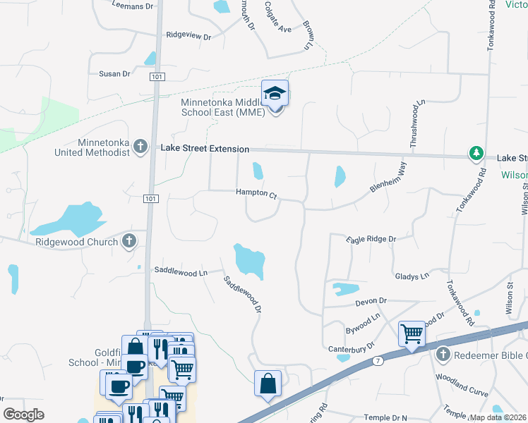 map of restaurants, bars, coffee shops, grocery stores, and more near 17046 Chiltern Hills Road in Minnetonka