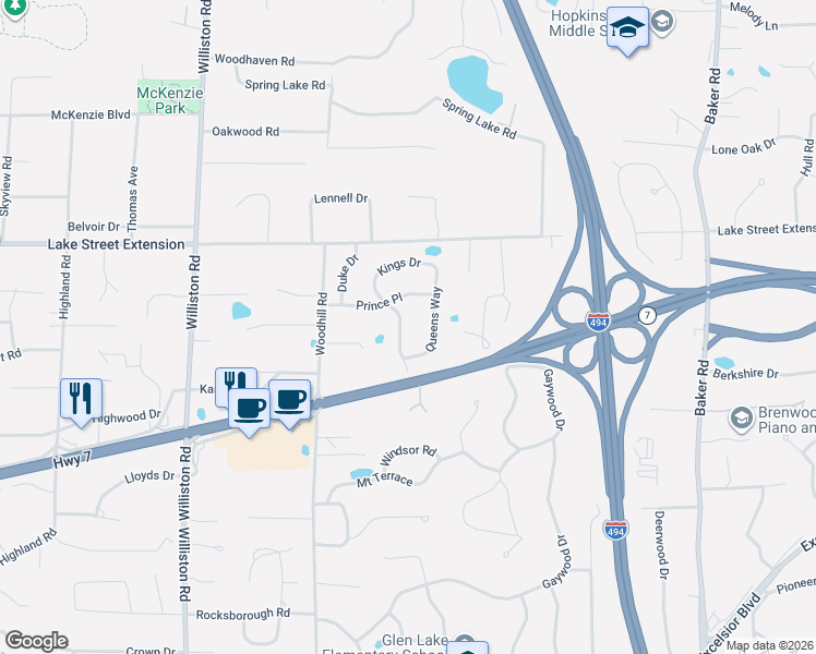 map of restaurants, bars, coffee shops, grocery stores, and more near 4317 Kings Drive in Minnetonka