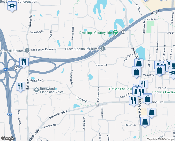 map of restaurants, bars, coffee shops, grocery stores, and more near 12424 James Road in Hopkins