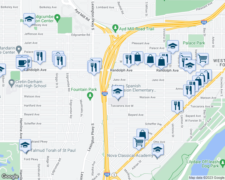 map of restaurants, bars, coffee shops, grocery stores, and more near 1034 Armstrong Avenue West in Saint Paul