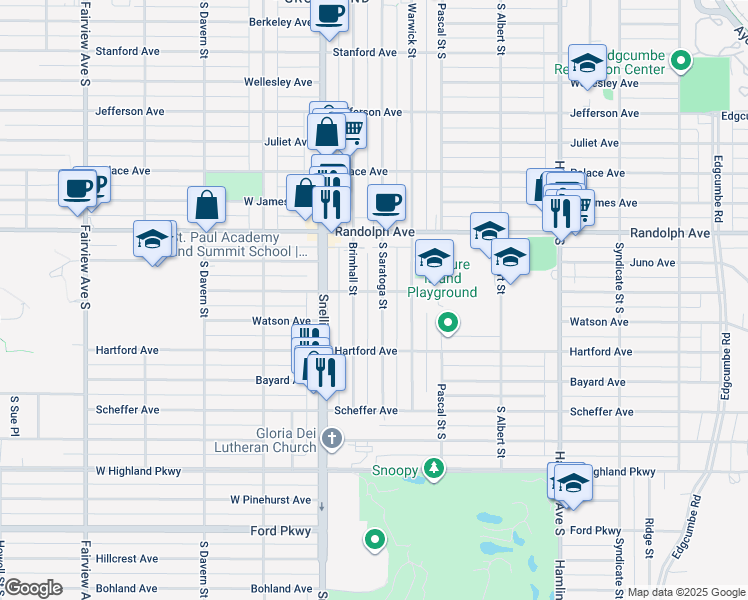 map of restaurants, bars, coffee shops, grocery stores, and more near 547 South Saratoga Street in Saint Paul