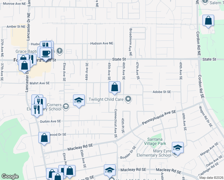 map of restaurants, bars, coffee shops, grocery stores, and more near 354 45th Avenue Southeast in Salem
