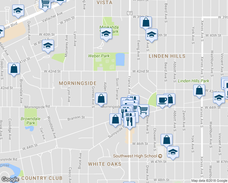 map of restaurants, bars, coffee shops, grocery stores, and more near 4228 Scott Terrace in Minneapolis