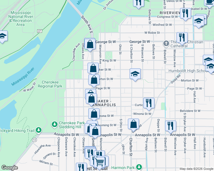 map of restaurants, bars, coffee shops, grocery stores, and more near 321 Page Street West in Saint Paul