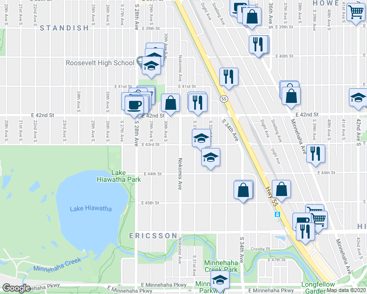 map of restaurants, bars, coffee shops, grocery stores, and more near 4301 Nokomis Avenue in Minneapolis