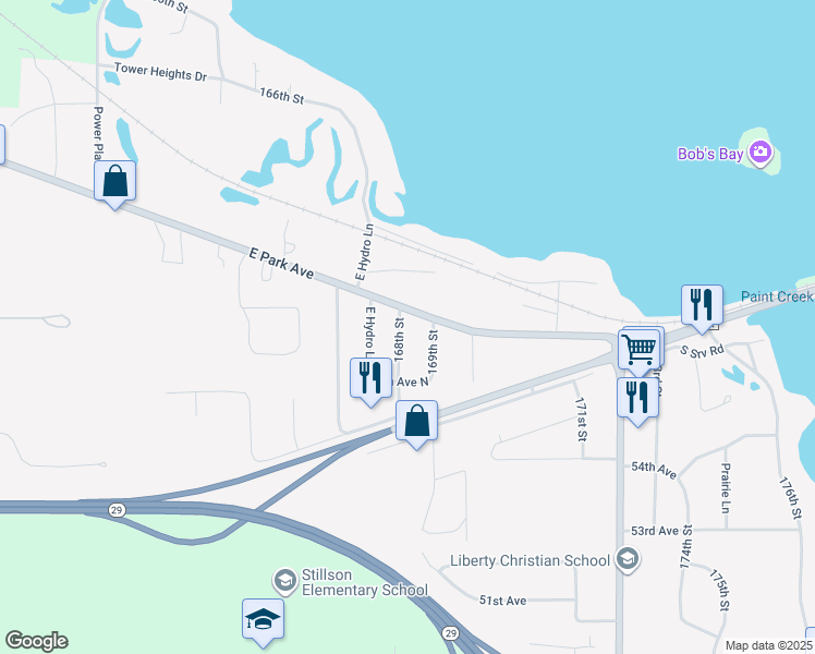map of restaurants, bars, coffee shops, grocery stores, and more near 5675 168th Street in Chippewa Falls