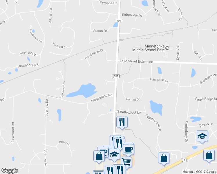 map of restaurants, bars, coffee shops, grocery stores, and more near 4301 Arrowhead Court in Minnetonka