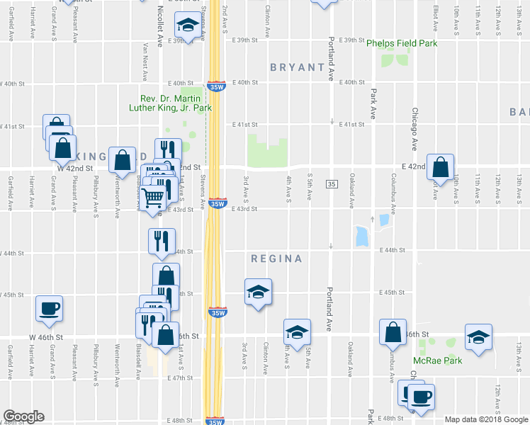 map of restaurants, bars, coffee shops, grocery stores, and more near 329 East 43rd Street in Minneapolis