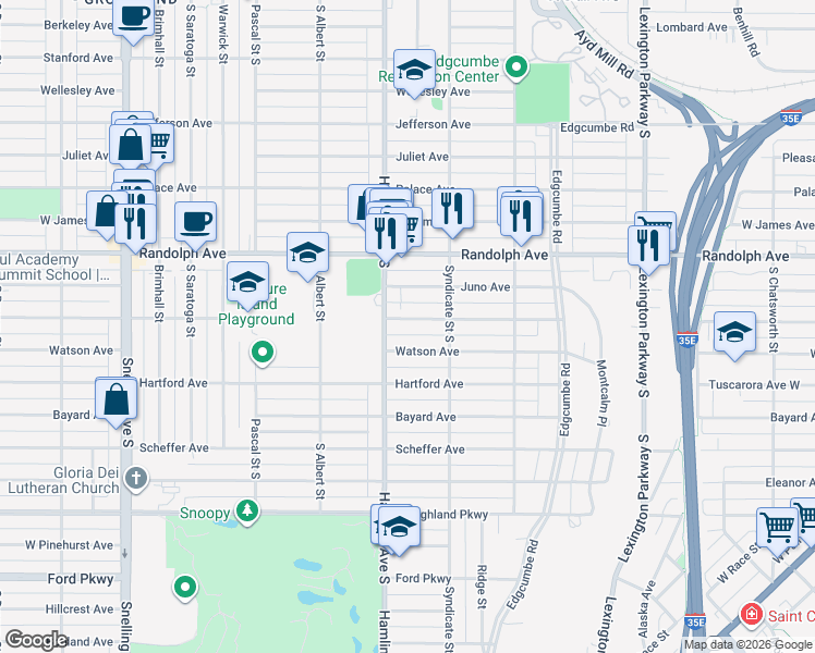 map of restaurants, bars, coffee shops, grocery stores, and more near 1320 Niles Avenue in Saint Paul