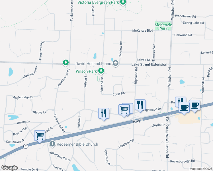 map of restaurants, bars, coffee shops, grocery stores, and more near 4301 Victoria Street in Minnetonka