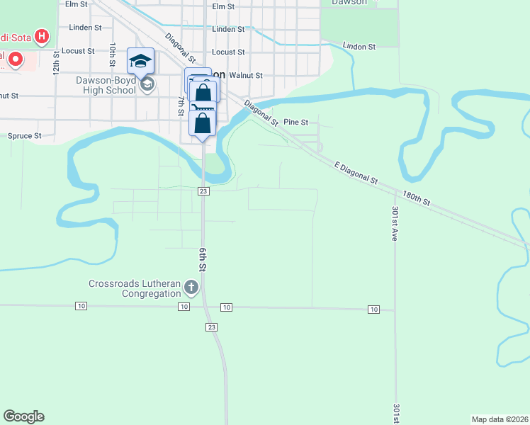 map of restaurants, bars, coffee shops, grocery stores, and more near 317 Hickory Street in Dawson