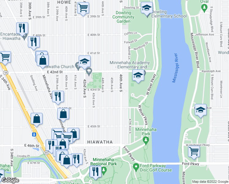 map of restaurants, bars, coffee shops, grocery stores, and more near 4305 45th Avenue South in Minneapolis