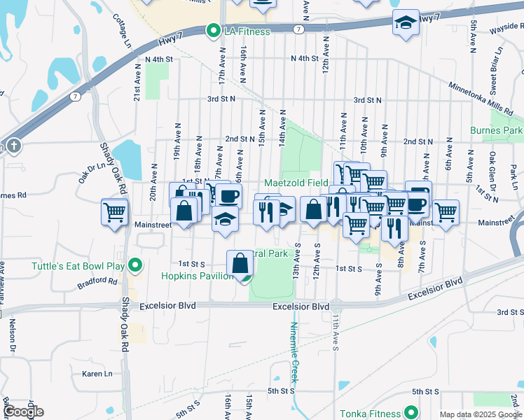 map of restaurants, bars, coffee shops, grocery stores, and more near 9 15th Avenue North in Hopkins