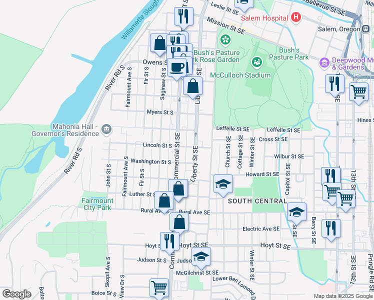 map of restaurants, bars, coffee shops, grocery stores, and more near 360 Lincoln Street South in Salem