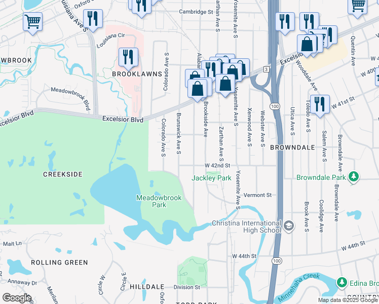 map of restaurants, bars, coffee shops, grocery stores, and more near 4134 Alabama Ave S in Minneapolis
