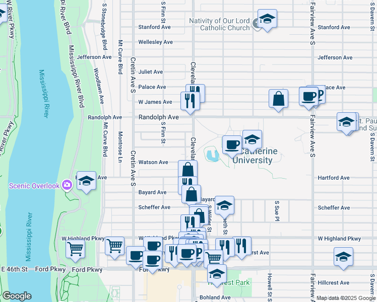 map of restaurants, bars, coffee shops, grocery stores, and more near 555 Cleveland Avenue South in Saint Paul