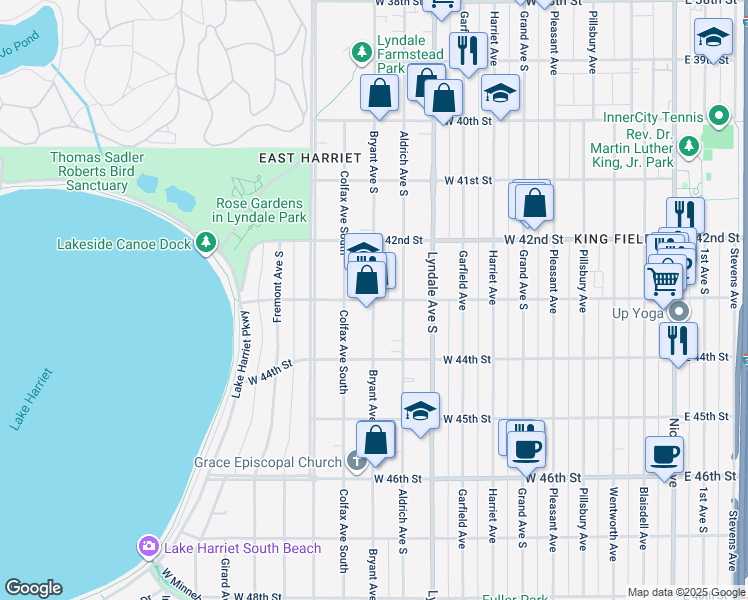 map of restaurants, bars, coffee shops, grocery stores, and more near Bryant Avenue South & West 43rd Street in Minneapolis