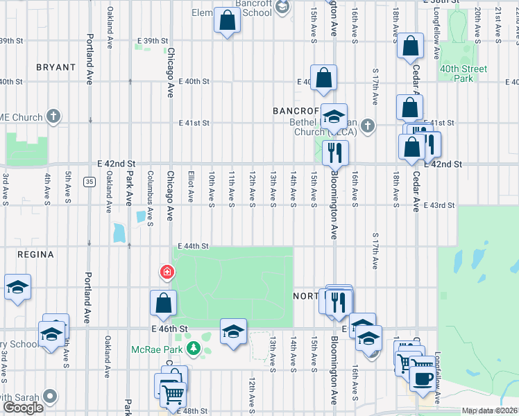 map of restaurants, bars, coffee shops, grocery stores, and more near 4300 13th Avenue South in Minneapolis