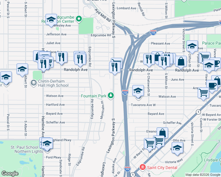 map of restaurants, bars, coffee shops, grocery stores, and more near 545 Lexington Parkway South in Saint Paul