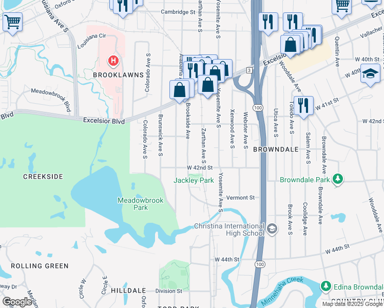 map of restaurants, bars, coffee shops, grocery stores, and more near 4157 Brookside Avenue in Minneapolis