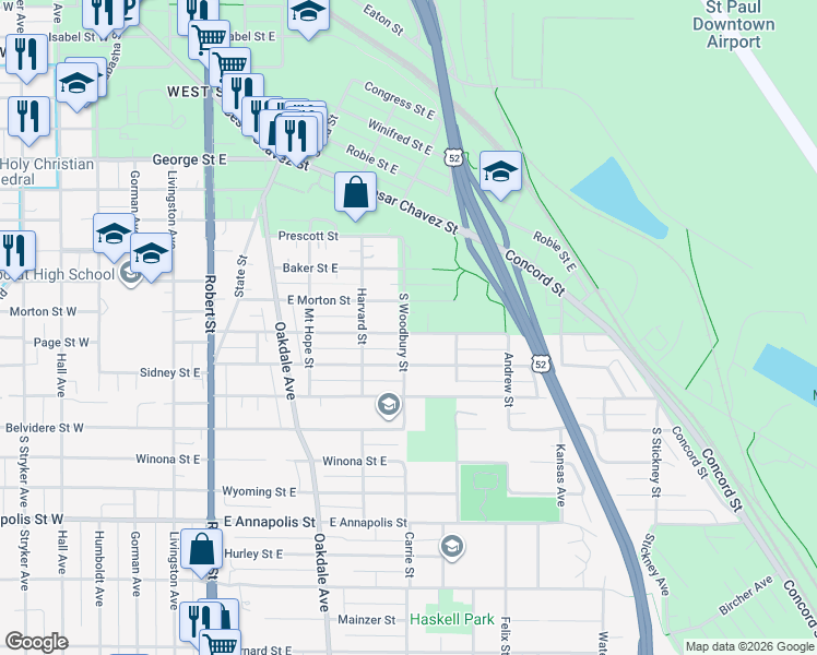map of restaurants, bars, coffee shops, grocery stores, and more near 287 Page Street East in Saint Paul