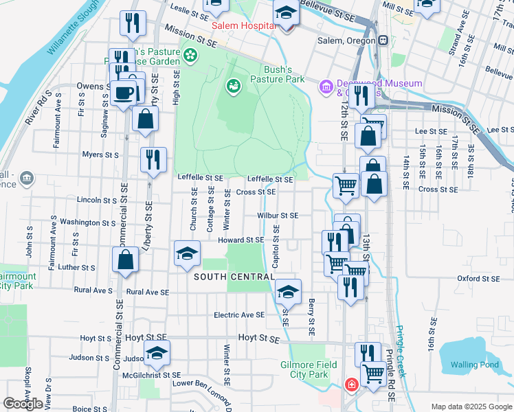 map of restaurants, bars, coffee shops, grocery stores, and more near 1675 Davidson Street Southeast in Salem