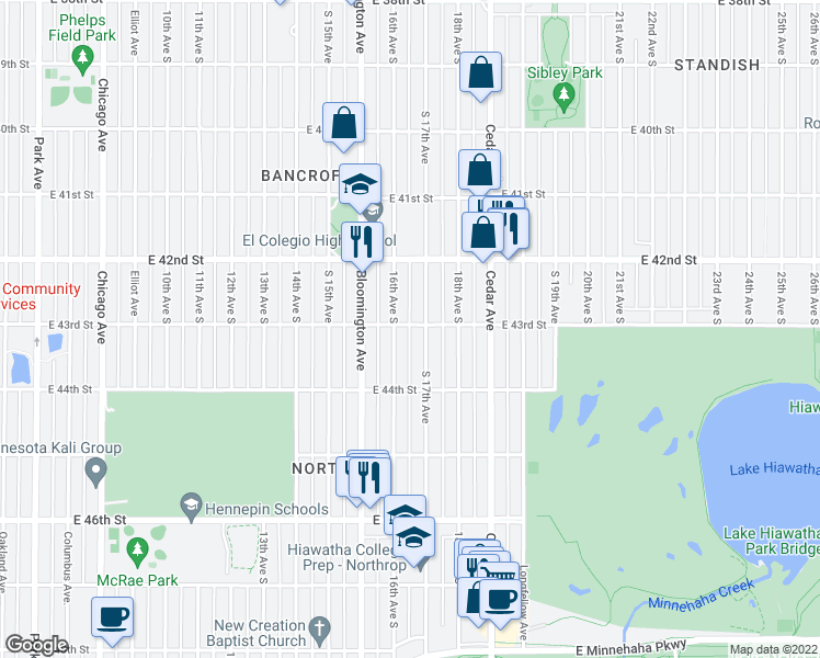 map of restaurants, bars, coffee shops, grocery stores, and more near 1532 East 43rd Street in Minneapolis