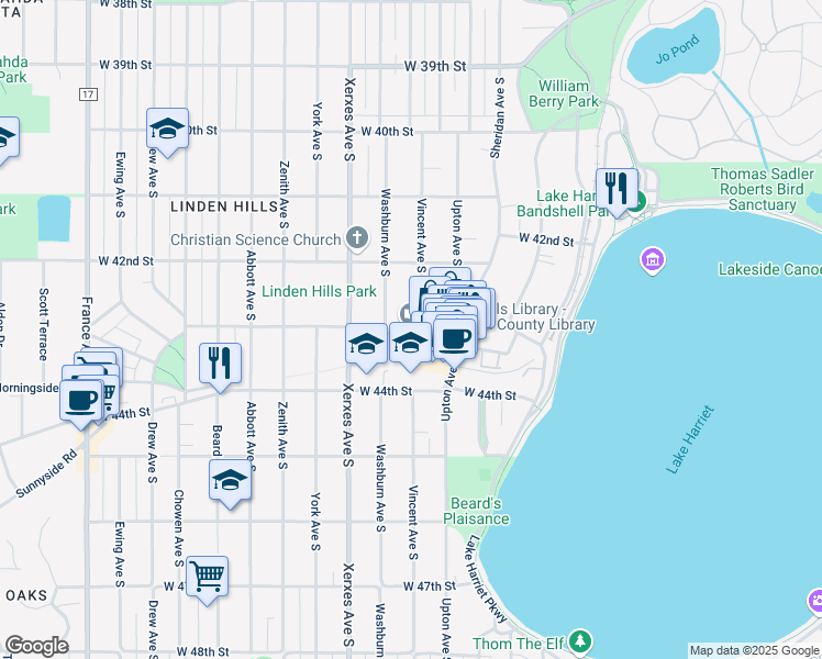 map of restaurants, bars, coffee shops, grocery stores, and more near 2900 West 43rd Street in Minneapolis