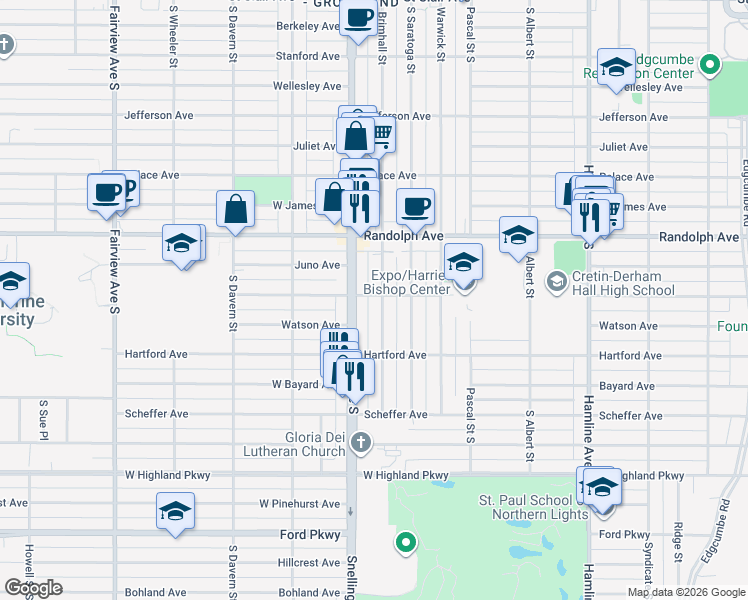 map of restaurants, bars, coffee shops, grocery stores, and more near 542 Snelling Avenue South in Saint Paul
