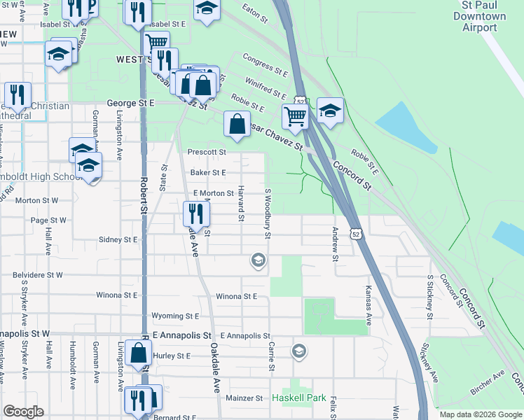 map of restaurants, bars, coffee shops, grocery stores, and more near 287 Page Street East in Saint Paul