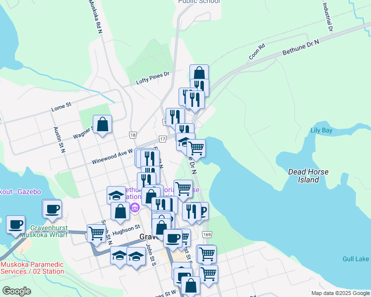 map of restaurants, bars, coffee shops, grocery stores, and more near 355 Bethune Drive North in Gravenhurst