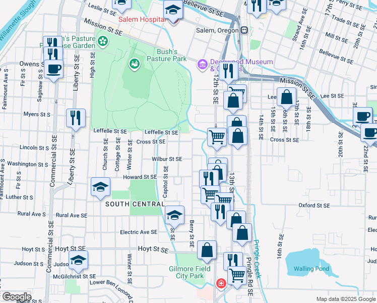 map of restaurants, bars, coffee shops, grocery stores, and more near 1665 Berry Street Southeast in Salem