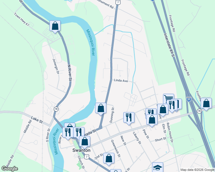 map of restaurants, bars, coffee shops, grocery stores, and more near 39 U.S. 7 in Swanton