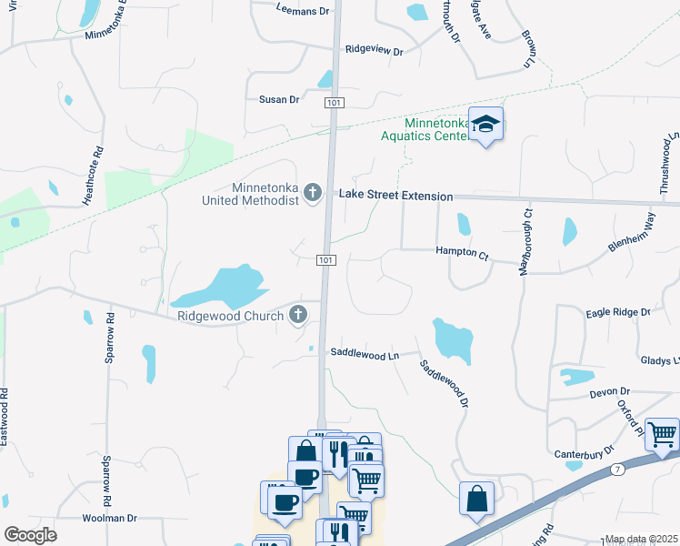 map of restaurants, bars, coffee shops, grocery stores, and more near 4304 Camelot Drive in Minnetonka
