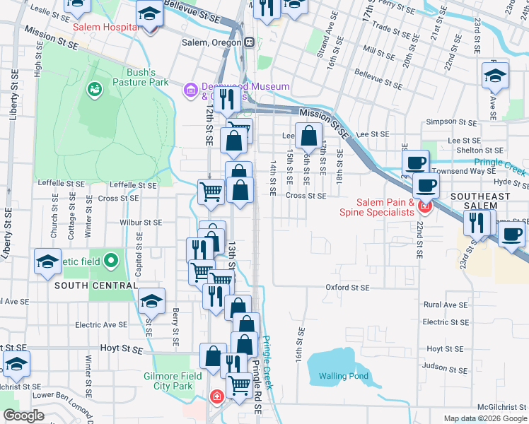 map of restaurants, bars, coffee shops, grocery stores, and more near 1275 14th Street Southeast in Salem