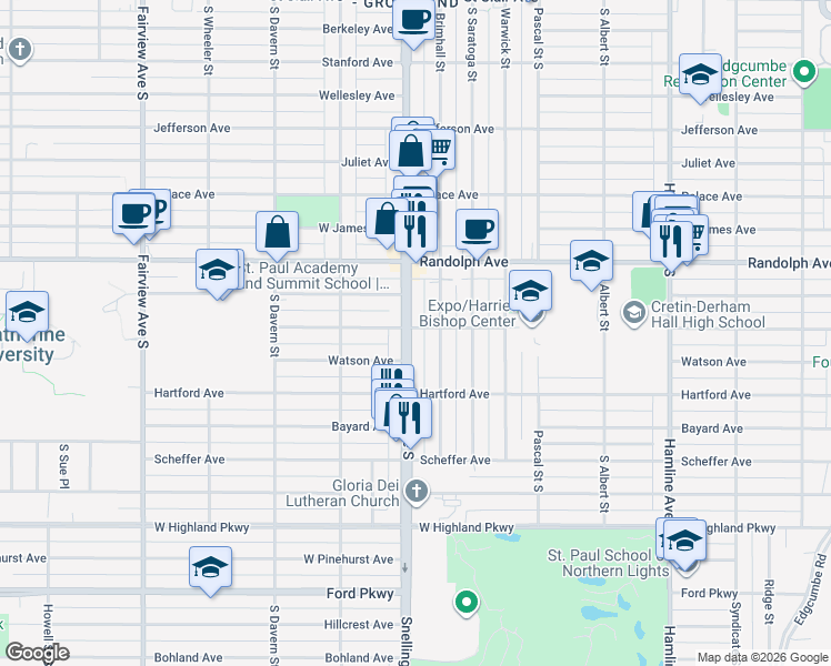 map of restaurants, bars, coffee shops, grocery stores, and more near 542 Snelling Avenue South in Saint Paul