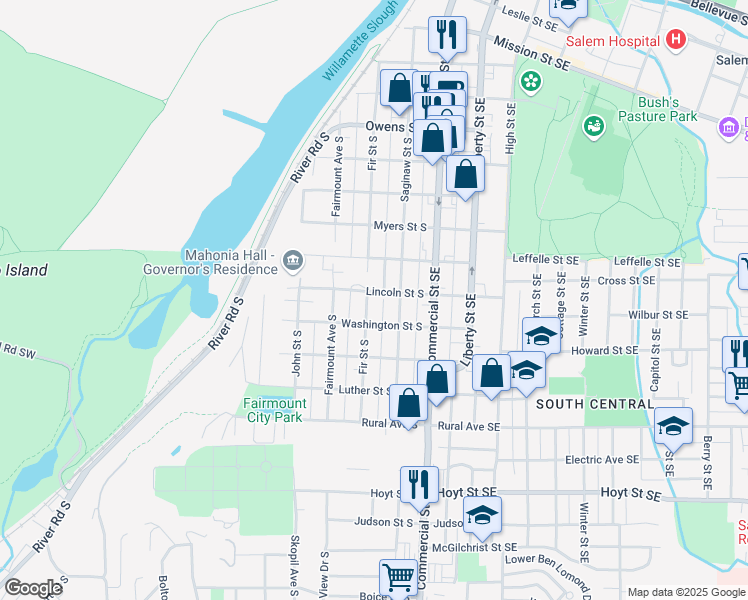 map of restaurants, bars, coffee shops, grocery stores, and more near 1610 Fir Street South in Salem