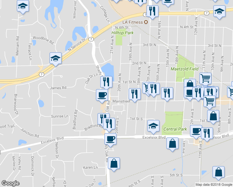 map of restaurants, bars, coffee shops, grocery stores, and more near 20 20th Avenue North in Hopkins
