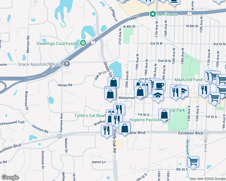 map of restaurants, bars, coffee shops, grocery stores, and more near 4342 Shady Oak Road in Minnetonka