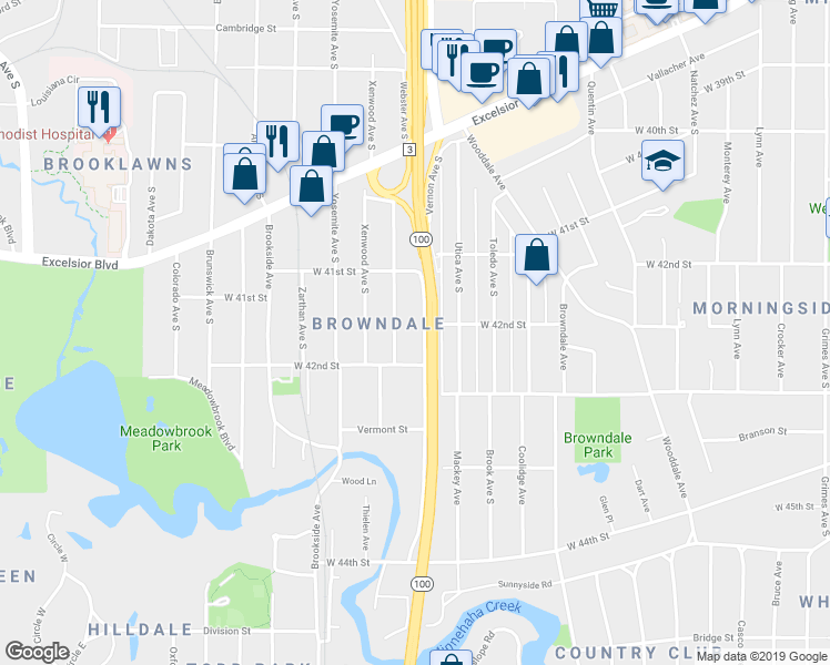 map of restaurants, bars, coffee shops, grocery stores, and more near 4160 Vernon Avenue South in Minneapolis