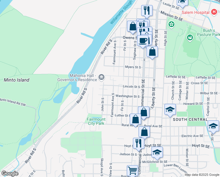 map of restaurants, bars, coffee shops, grocery stores, and more near 1635 Fairmount Avenue South in Salem