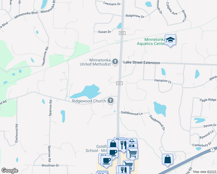 map of restaurants, bars, coffee shops, grocery stores, and more near 4301 Arrowhead Court in Minnetonka