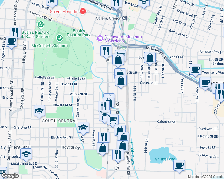 map of restaurants, bars, coffee shops, grocery stores, and more near 1215 Wilbur Street Southeast in Salem