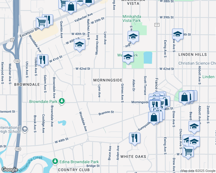 map of restaurants, bars, coffee shops, grocery stores, and more near 4232 Crocker Avenue in Minneapolis